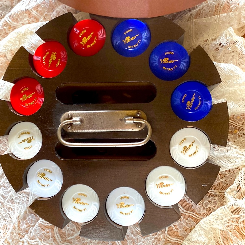 1971 Ford Pinto intro red white & blue poker chip set in lazy Susan caddy
